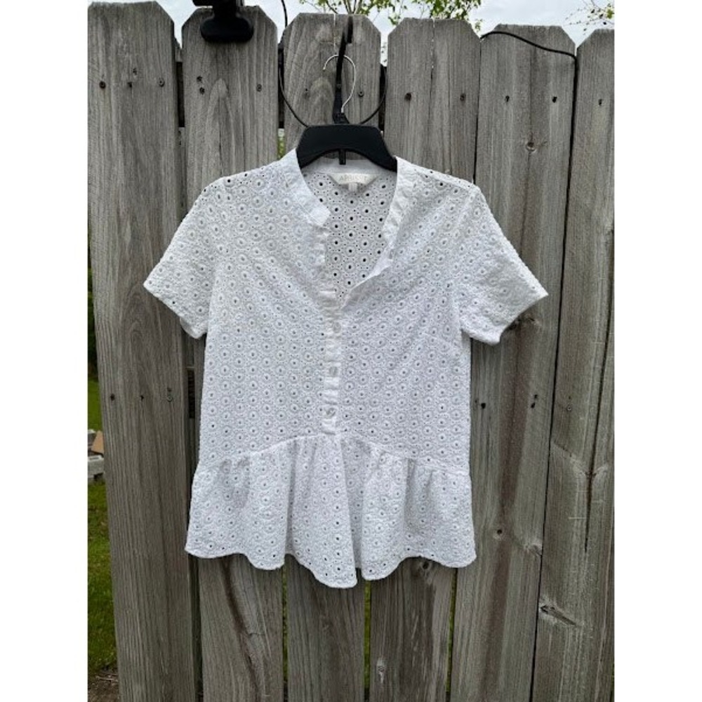 Apricot White Cotton Eyelet Peplum Top Short Sleeve Button Down Blouse US 6